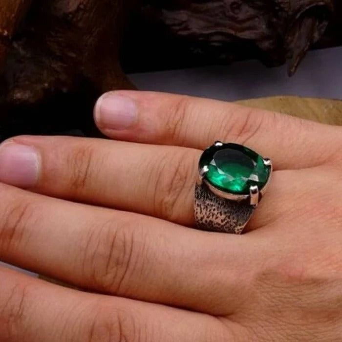 Natural Emerald Excellent Cut 925 Sterling Silver Handmade Mens Ring
