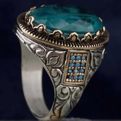 Natural Green Tourmaline Stone 925 Silver Hand Engraved Mens Ring