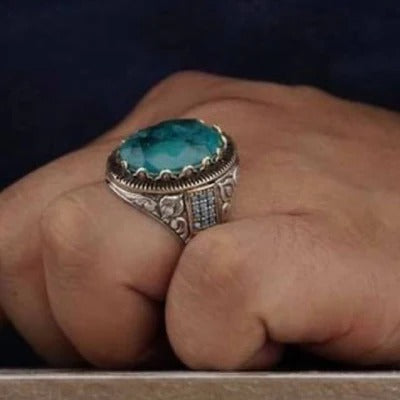 Natural Green Tourmaline Stone 925 Silver Hand Engraved Mens Ring