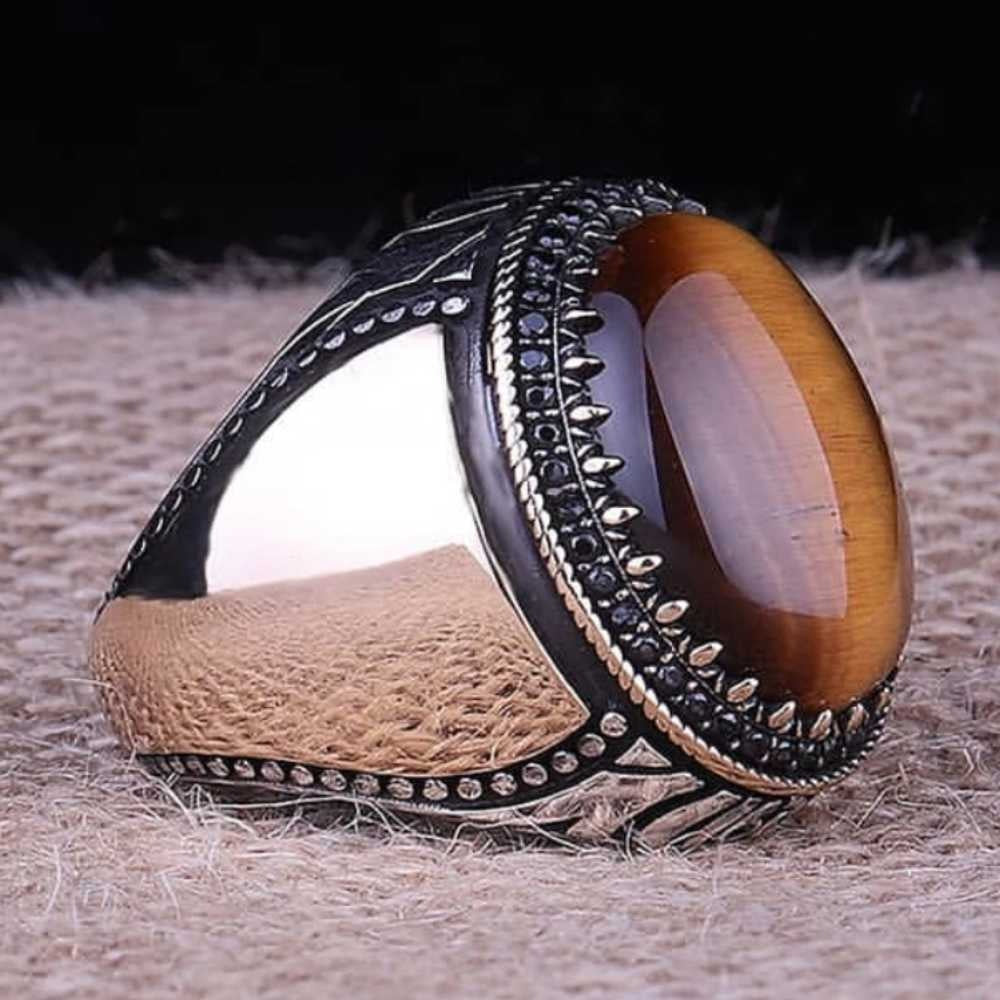 Natural Oval Brown Tigers Eye Stone Handmade Mens Ring