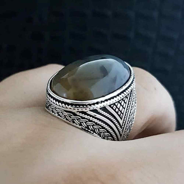 Natural Oval Yemeni Agate Stone 925 Sterling Silver Mens Ring