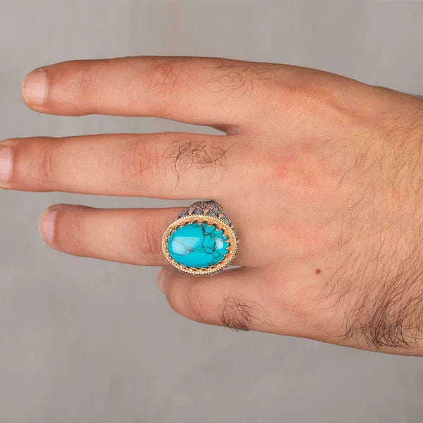 Original 925 Sterling Silver Solid Turquoise Stone Showy Mens Ring