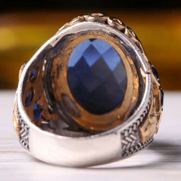 Oval Sapphire Turkish Jewelry Handmade 925 Sterling Silver Mens Ring