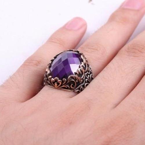 Purple Amethyst Stone Handsome Turkish 925 Sterling Silver Mens Ring