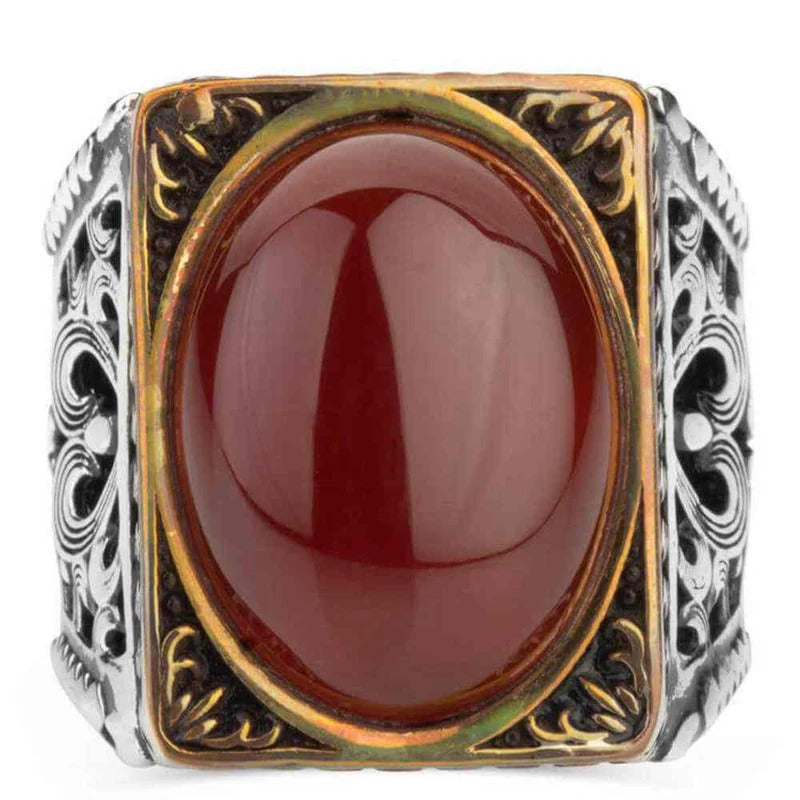 Rectangular Heavy 925 Sterling Silver Agate Stone Mens Ring