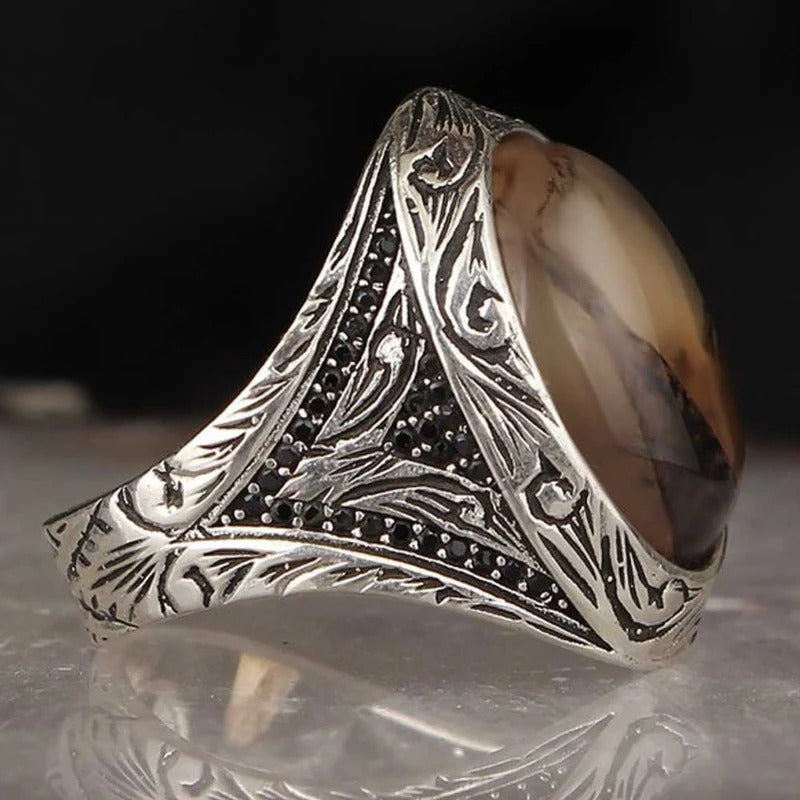 Royal 925 Sterling Silver Natural Yemeni Agate Stone Mens Ring