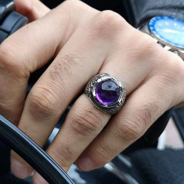 Shiny Amethyst Stone 925 Sterling Silver Luxury Mens Ring
