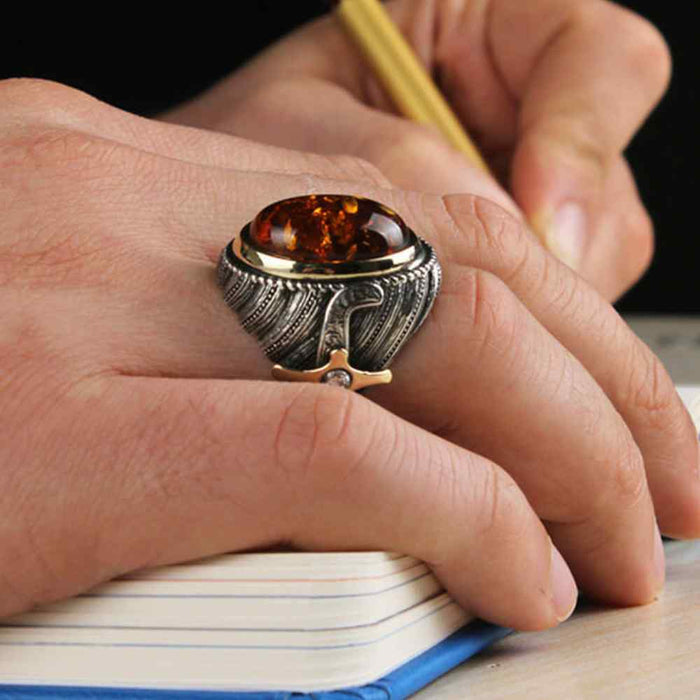 Sword Style 925 Sterling Silver Amber Stone Heavy Mens Ring