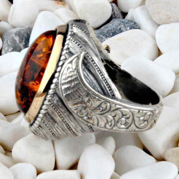 Sword Style 925 Sterling Silver Amber Stone Heavy Mens Ring