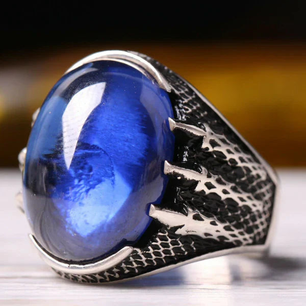 Turkish 925 Sterling Silver Eagle Claw Sapphire Stone Mens Ring