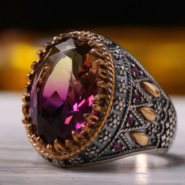Turkish 925 Sterling Silver Tourmaline Rainbow Ruby Stone Mens Ring