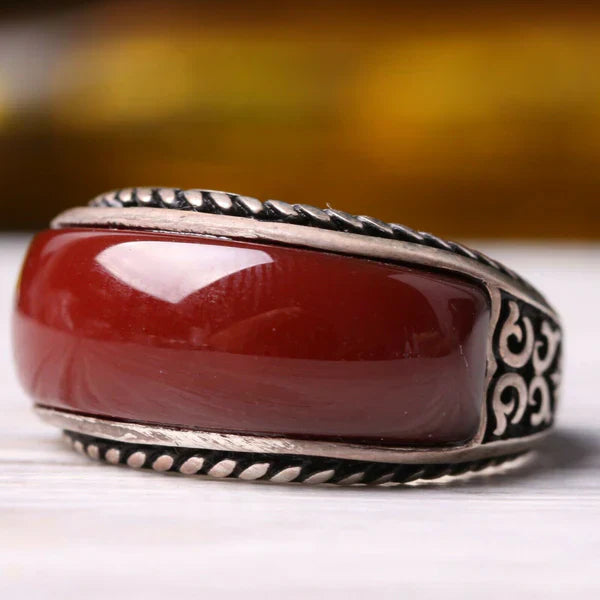Turkish Handmade 925 Sterling Silver Fresh Agate Aqeeq Stone Mens Ring