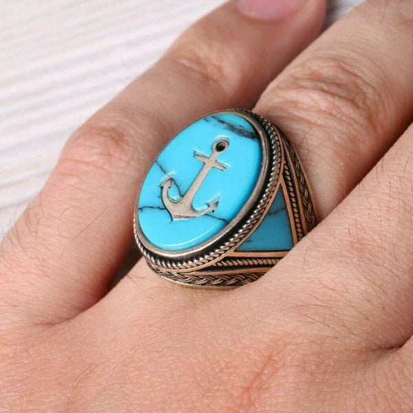Turkish Jewelry 925 Sterling Silver Anchor Style Turquoise Mens Ring